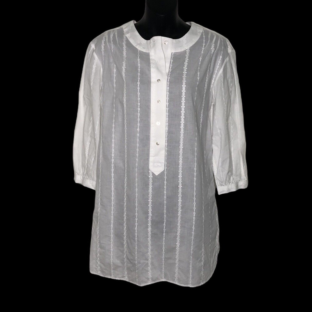 BROOKS BROTHERS White Embroidered Stripe Tunic 3/4 Sleeve Blouse Women's Size 4